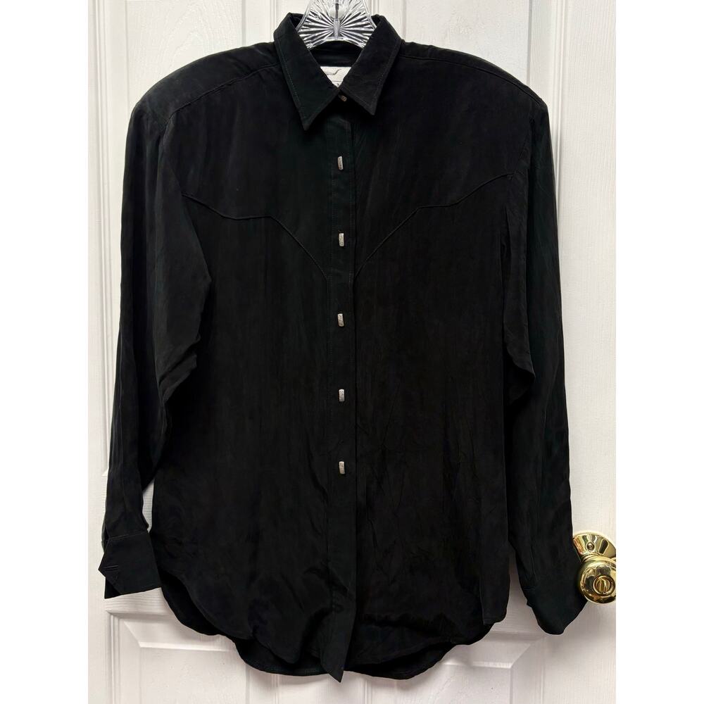 Longhorn Shirt Vintage Western Black Silver Buttons Shoulder Pads Womens S USA
